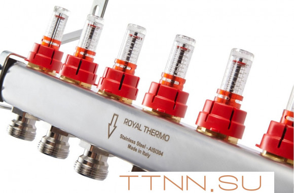 Для отопления Royal Thermo 1" ВР-3/4" НР, 2 выхода с расходомерами, нерж. (RTE 52.102)