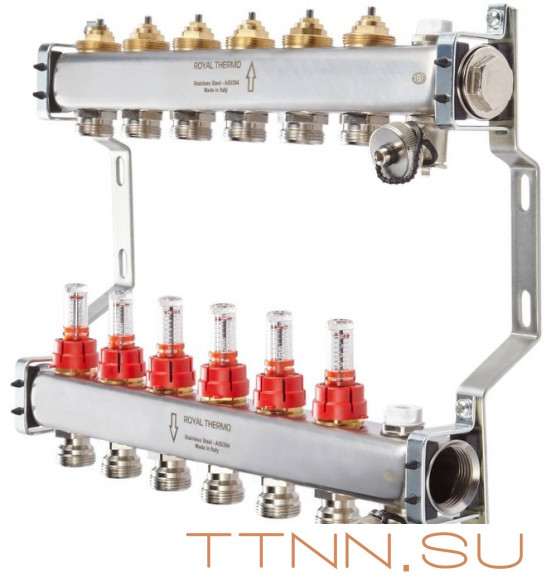 Для отопления Royal Thermo 1" ВР-3/4" НР, 3 выхода с расходомерами, нерж. (RTE 52.103)