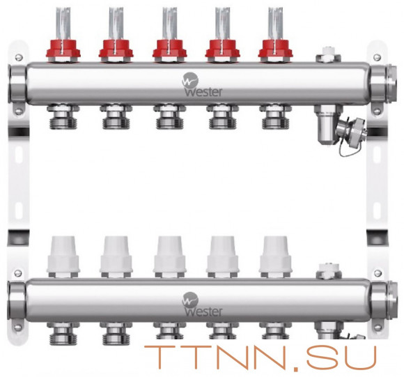 Коллектор для теплого пола Wester 1"-3/4 в сборе с расходомерами на 5 выходов