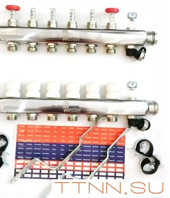 Коллектор для теплого пола Wester 1"-3/4 в сборе с расходомерами на 6 выходов