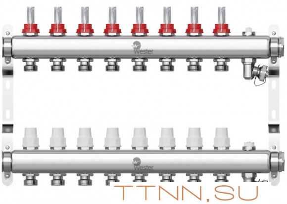 Коллектор для теплого пола Wester 1"-3/4 в сборе с расходомерами на 8 выходов